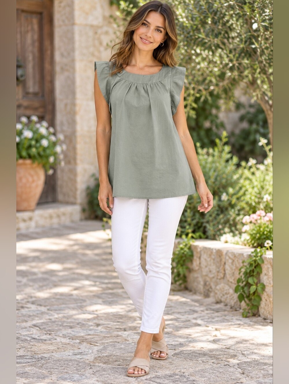 Women’s Sage Green Ruffle Flutter Sleeve Tunic Blouse Size Small